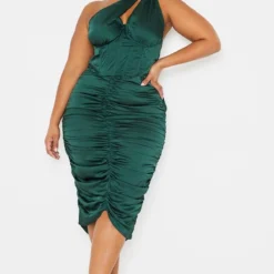 Plus Robe Mi-longue Satinée Froncée Vert émeraude à épaule Unique Détail Corset -Promos Jupe Éthérée Boutique 8253bbf315d9b49e634c6bb9683f7d9b15647356 cmu1335 4