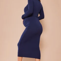 Maternité Robe De Grossesse Mi-longue Côtelée Bleu Marine Foncé à Manches Longues