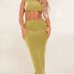 Shape Robe Moulante Longue Vert Olive à Devant Découpé