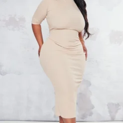 Plus Robe Mi-longue Côtelée Café Au Lait Rosé à Col Montant Et Demi-manches -Promos Jupe Éthérée Boutique 85a0e9e4bcddc1c00b331790c66815698502a89b cnc2224 3