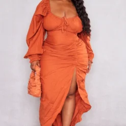 Plus Robe Mi-longue Fendue Rouille Effet Lin Froncée Sur Le Côté