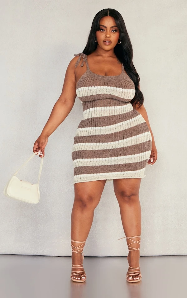 Plus Robe Moulante En Maille Tricot Gris Pierre à Rayures 1 Plus Robe Moulante En Maille Tricot Gris Pierre à Rayures