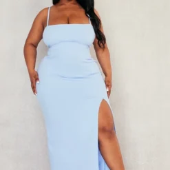 Robe Fendue Mi-longue Crêpée Bleu Cendré