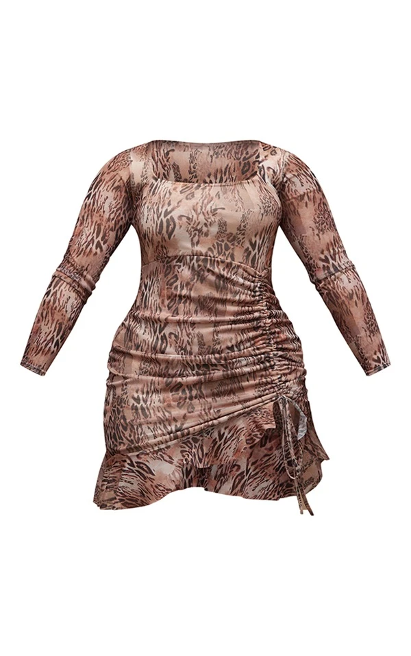 Shape Robe Moulante Manches Longues En Mesh Marron Imprimé Léopard à Côté Froncé Et Ourlet Volanté 5 Shape Robe Moulante Manches Longues En Mesh Marron Imprimé Léopard à Côté Froncé Et Ourlet Volanté – Image 5