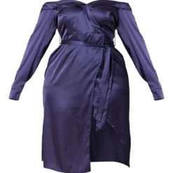 Plus Robe Portefeuille Mi-longue Bleu Marine Satinée à Col Bardot Replié -Promos Jupe Éthérée Boutique 8e2fb54ef6d7bb47967f810f2706e40bffb5b4d9 cmw4020 6