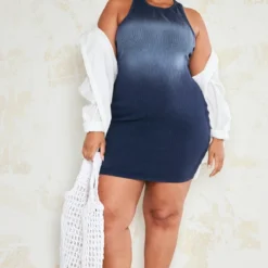 Plus Robe Moulante Côtelée Bleu Délavé à Col Nageur