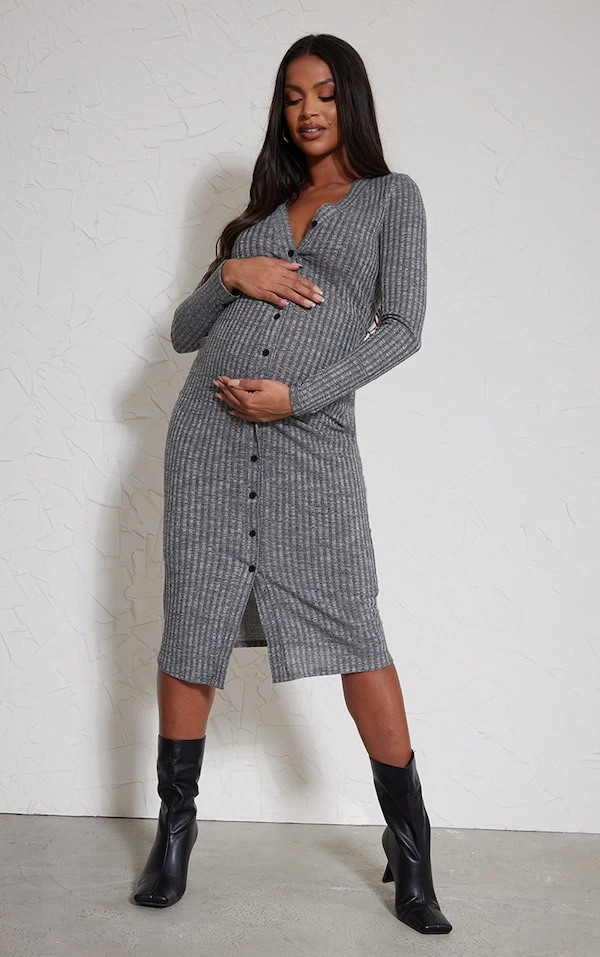 Maternité Robe De Grossesse Mi-longue Ajustée Gris Foncé En Maille Côtelée Douce à Manches Longues 1 Maternité Robe De Grossesse Mi-longue Ajustée Gris Foncé En Maille Côtelée Douce à Manches Longues