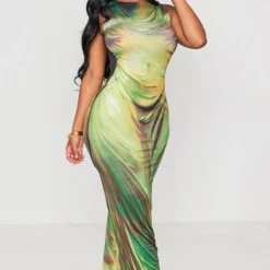 Shape Robe Longue Imprimé Drapé Vert à Manches Longues