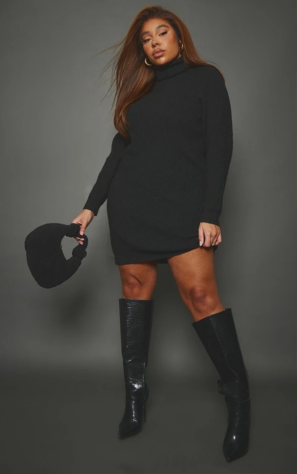 Plus Robe Pull En Maille Tricot Douce Noire à Col Montant 3 Plus Robe Pull En Maille Tricot Douce Noire à Col Montant – Image 3