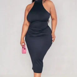 Plus Robe Mi-longue Noire à Col Haut