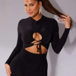 Shape Robe Très Moulante Noire Lacée à Fronces Et Manches Longues