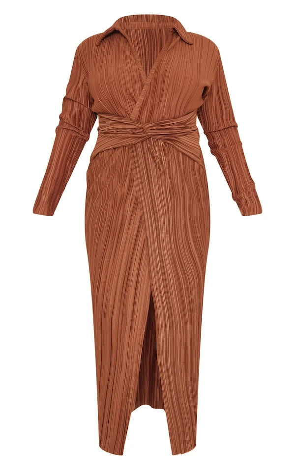 Plus Robe Longue Plissée Chocolat à Col Et Torsade 5 Plus Robe Longue Plissée Chocolat à Col Et Torsade – Image 5