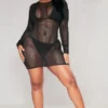 Shape Mini Robe Noire En Résille Pailletée à Dos Nu Et Manches Longues