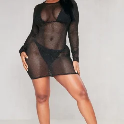 Shape Mini Robe Noire En Résille Pailletée à Dos Nu Et Manches Longues