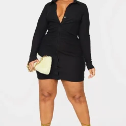 Plus Robe Chemise Froncée Côtelée Brossée Noire à Manches Longues