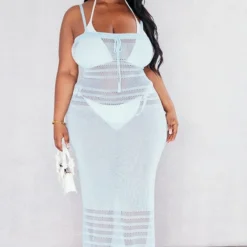 Plus Robe De Plage En Maille Bleu Ciel à Devant Froncé