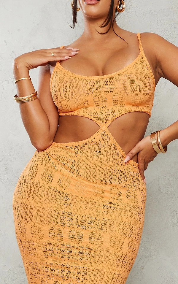 Shape Robe Longue Texturée Orange Découpée à Bretelles 4 Shape Robe Longue Texturée Orange Découpée à Bretelles – Image 4