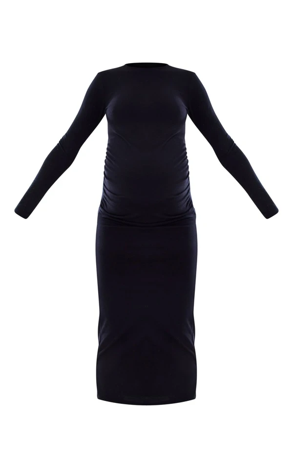 Maternité Robe De Grossesse Mi-longue Noire à Ventre Froncé Et Manches Longues 5 Maternité Robe De Grossesse Mi-longue Noire à Ventre Froncé Et Manches Longues – Image 5