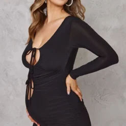 Maternité Mini Robe De Grossesse Moulante Noire Découpée