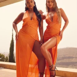 Plus Robe De Plage Longue Fendue Orange Décolletée à Détail Tressé