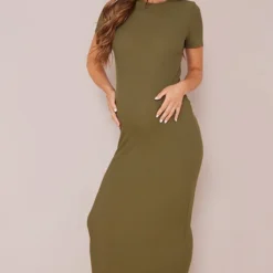 Maternité Robe De Grossesse Mi-longue Kaki Côtelée à Col Ras-du-cou -Promos Jupe Éthérée Boutique 9973b523b3ea3cba9564905ae8f74c804544477a cmz9759 4