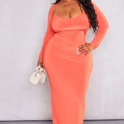 Plus Robe Longue Moulante Orange Détail Manches à Bretelles