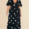 Plus Robe Longue Noire Imprimé Pois à Taille Nouée Et étages