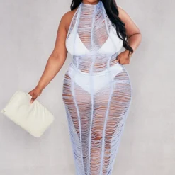 Plus Robe De Plage Frangée Bleu Turquoise