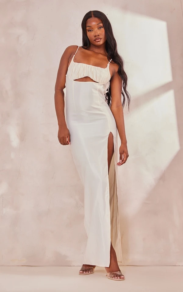 Tall Robe Longue Satinée Crème à Devant Froncé 1 Tall Robe Longue Satinée Crème à Devant Froncé