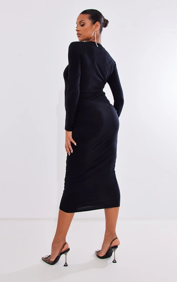 Maternité Robe De Grossesse Mi-longue Noire à Ventre Froncé Et Manches Longues 2 Maternité Robe De Grossesse Mi-longue Noire à Ventre Froncé Et Manches Longues – Image 2