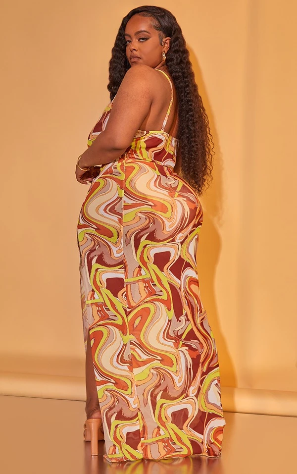 Plus Robe Longue Imprimé Abstrait Marron En Mesh 2 Plus Robe Longue Imprimé Abstrait Marron En Mesh – Image 2