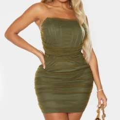 Shape Robe Moulante En Mesh Vert Olive à Détail Corset Et Fronces