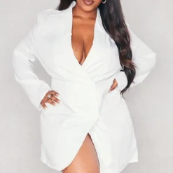 Plus Robe Blazer Blanche Oversize à Double Boutonnière
