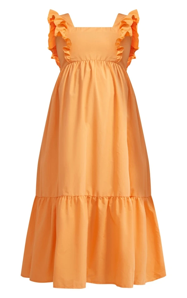 Maternité Robe Longue De Grossesse Orange Volantée Sans Manches 5 Maternité Robe Longue De Grossesse Orange Volantée Sans Manches – Image 5