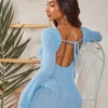 Petite Mini Robe Texturée Bleue à Dos Nu