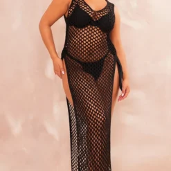 Shape Robe Longue Fendue Sur Les Côtés En Maille Crochet Noire
