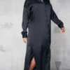 Plus Robe Chemise Longue Noire Satinée