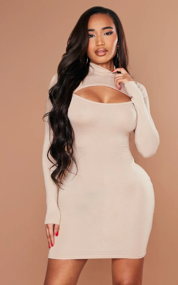 Shape Robe Moulante Découpée En Jersey Sable Pâle à Manches Longues 3 Shape Robe Moulante Découpée En Jersey Sable Pâle à Manches Longues – Image 3