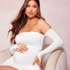 Maternité Robe De Grossesse Longue Moulante Crème Froncée à épaules Dénudées -Promos Jupe Éthérée Boutique a96d7d354bd5269546f6d74ef8e44ce0efd221ca cne2365 4