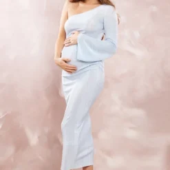 Maternité Robe De Grossesse Asymétrique Longue Bleue Effet Plissé