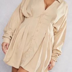 Plus Robe Chemise Oversize En Maille Tissée Beige à Détail Plissé Et Boutons -Promos Jupe Éthérée Boutique ad3e0d8259e599b90dc46e5dd337677c8aefffca cnc7303 4