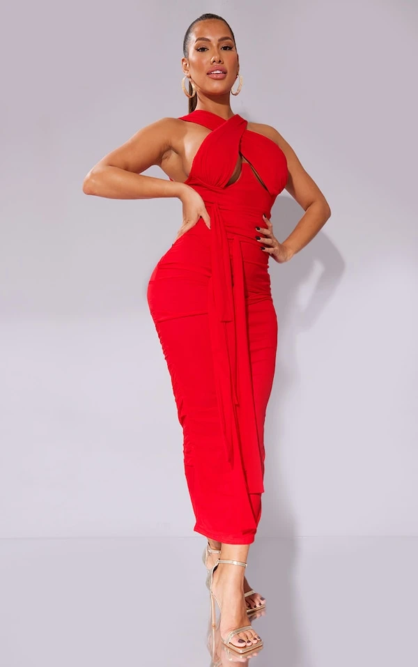 Shape Robe Longue Cache-coeur En Mesh Rouge à Lien Nouable 3 Shape Robe Longue Cache-coeur En Mesh Rouge à Lien Nouable – Image 3