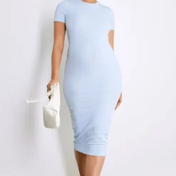 Maternité Robe De Grossesse Mi-longue Bleu Ciel Côtelée à Col Ras-du-cou