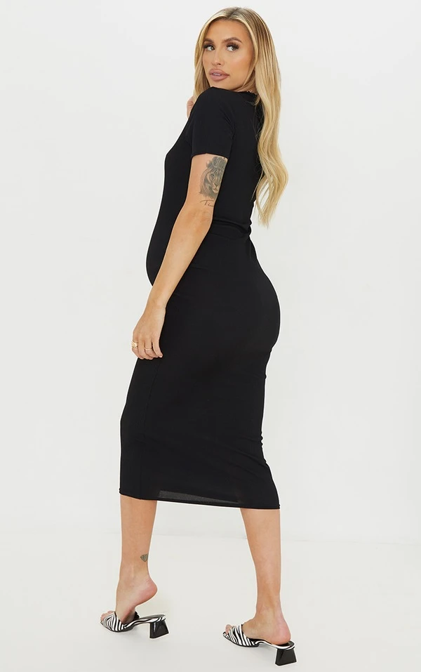 Maternité Robe De Grossesse Mi-longue Noire Côtelée à Col Ras-du-cou 2 Maternité Robe De Grossesse Mi-longue Noire Côtelée à Col Ras-du-cou – Image 2