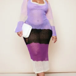 Plus Robe Longue En Maille Tricot Transparente Violette