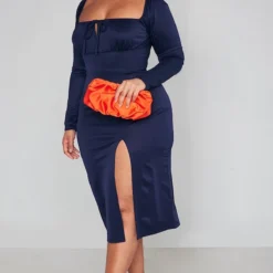 Plus Robe Mi-longue Bleu Marine Nouée Devant à Manches Bouffantes -Promos Jupe Éthérée Boutique b53d321dd10f0566e97f4d773666bdbfa11cccab cnc2192 3