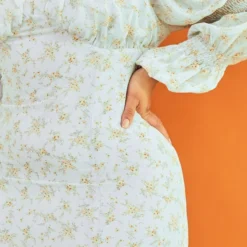 Plus Robe Mi-longue Bleu Cendré Fleurie à Manches Bouffantes -Promos Jupe Éthérée Boutique b72db46f17498434ea5d11548922a260055488fb cmw4106 5