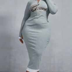 Zero Plus Robe Mi-longue Gris Chiné Imprimée Côtelée à Zip