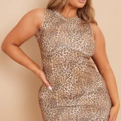 Shape Robe Moulante Côtelée Léopard Marron à Armature Sous Le Buste
