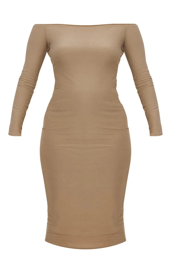 Maternité Robe De Grossesse Mi-longue Douce Taupe à épaules Dénudées 5 Maternité Robe De Grossesse Mi-longue Douce Taupe à épaules Dénudées – Image 5